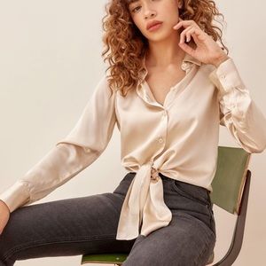 Reformation Quattro Silk Self Tie Hem Blouse in Ivory White Size M NWT